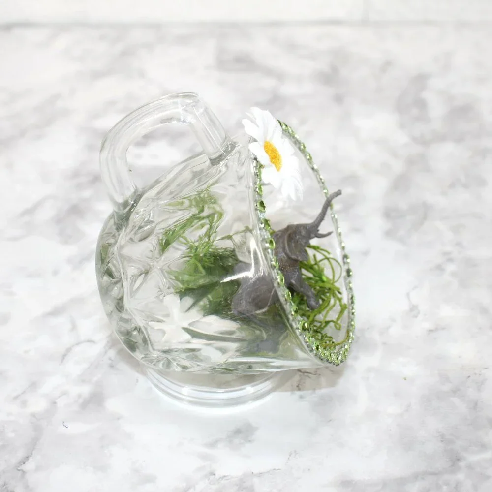 HAND CRAFTED Elephant Decor Ornament Upcycled Cup Floral Bamboo Gray